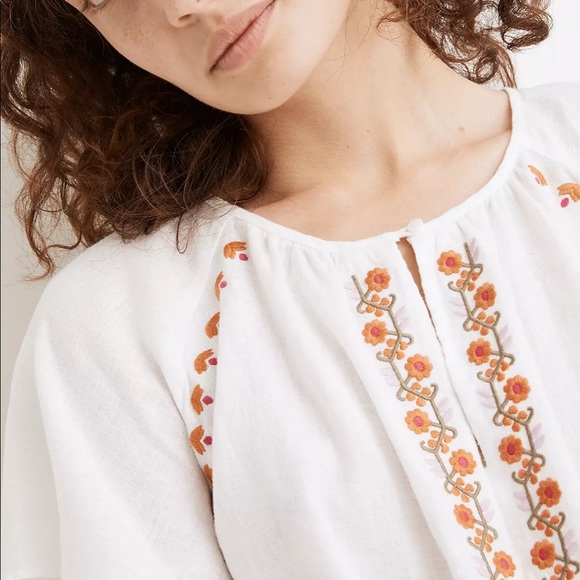 Madewell Embroidered Linen-Blend Raglan Ruffle Mini Dress - Picture 4 of 5